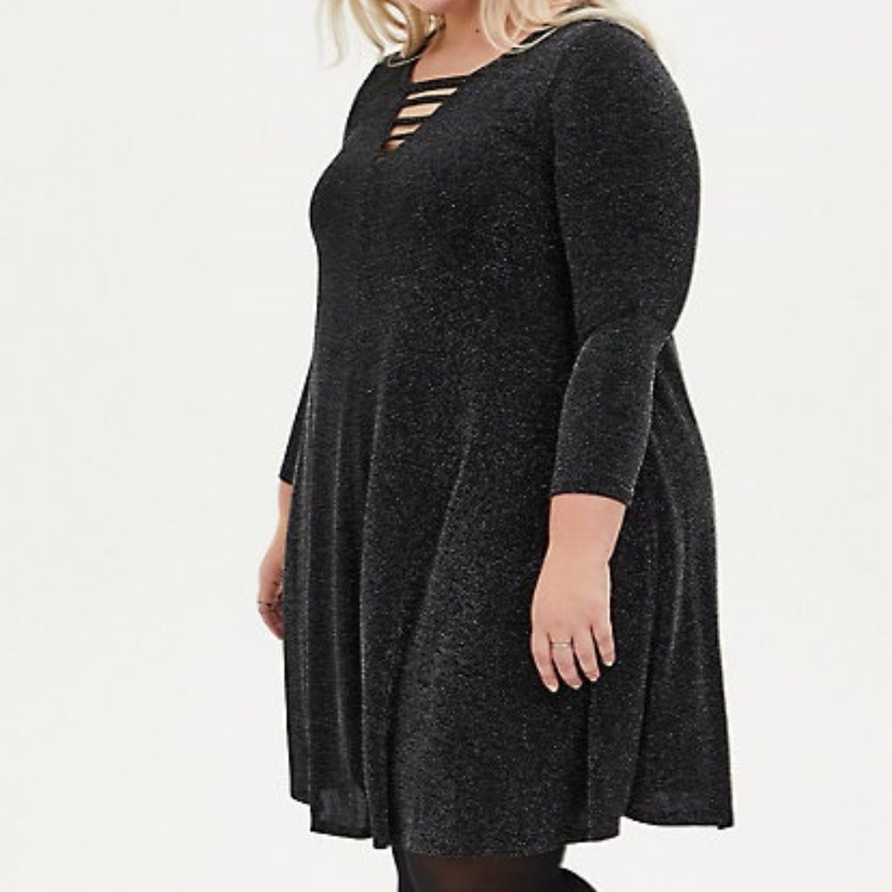 TORRID Black Shimmer Jersey Ladder Neck Mini Trapeze Dress